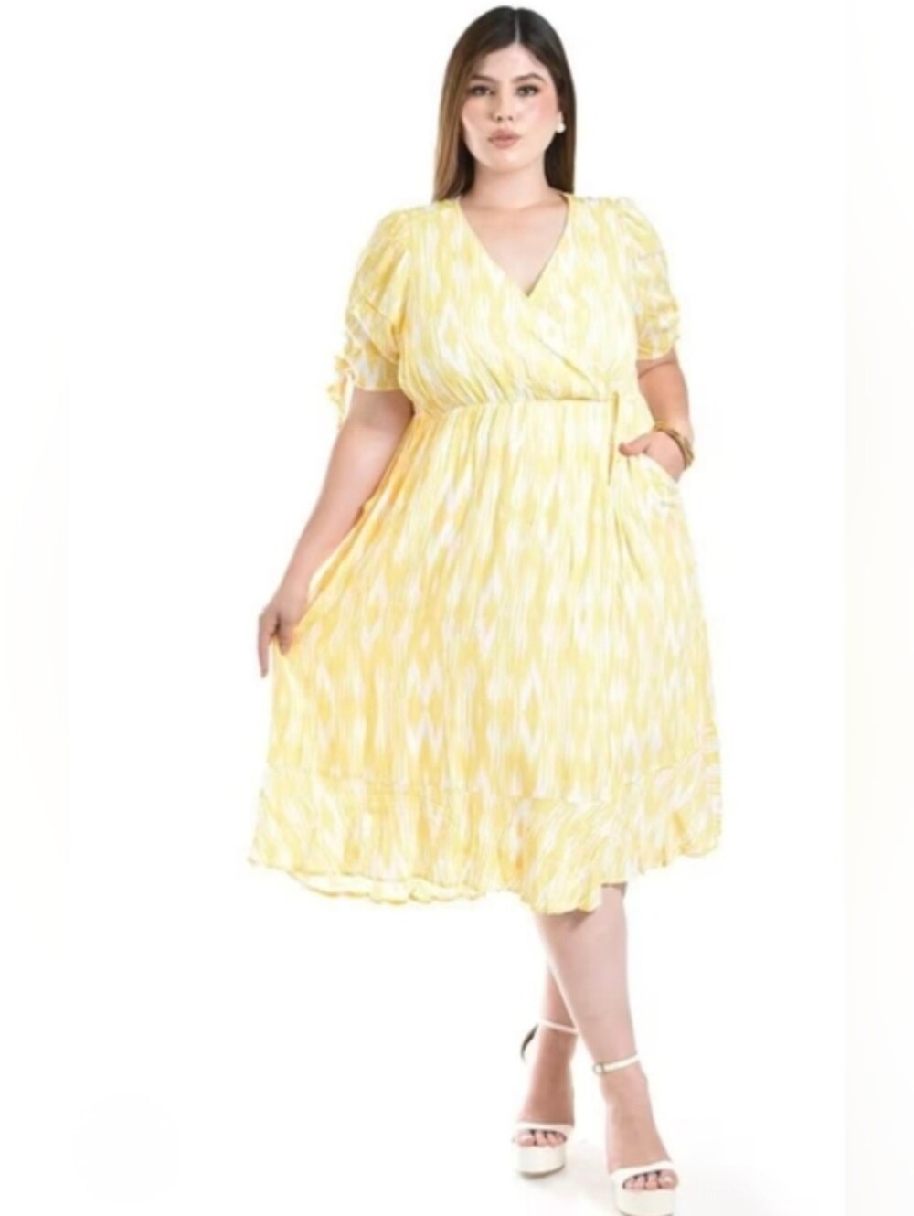 NWT Torrid Yellow White Swiss Dot Surplice Wrap Midi Dress Pockets 6X 30